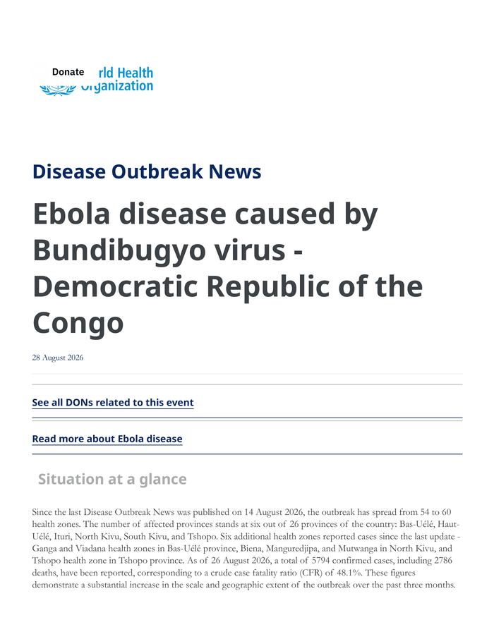 Disease Outbreak News: Ebola disease caused by Bundibugyo virus, Democratic Republic of the Congo (28 August 2026)